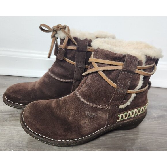 Ugg Women's Sz.6  Brown Cove 5178 Suede Fur Ankle Winter Boot - Picture 1 of 7